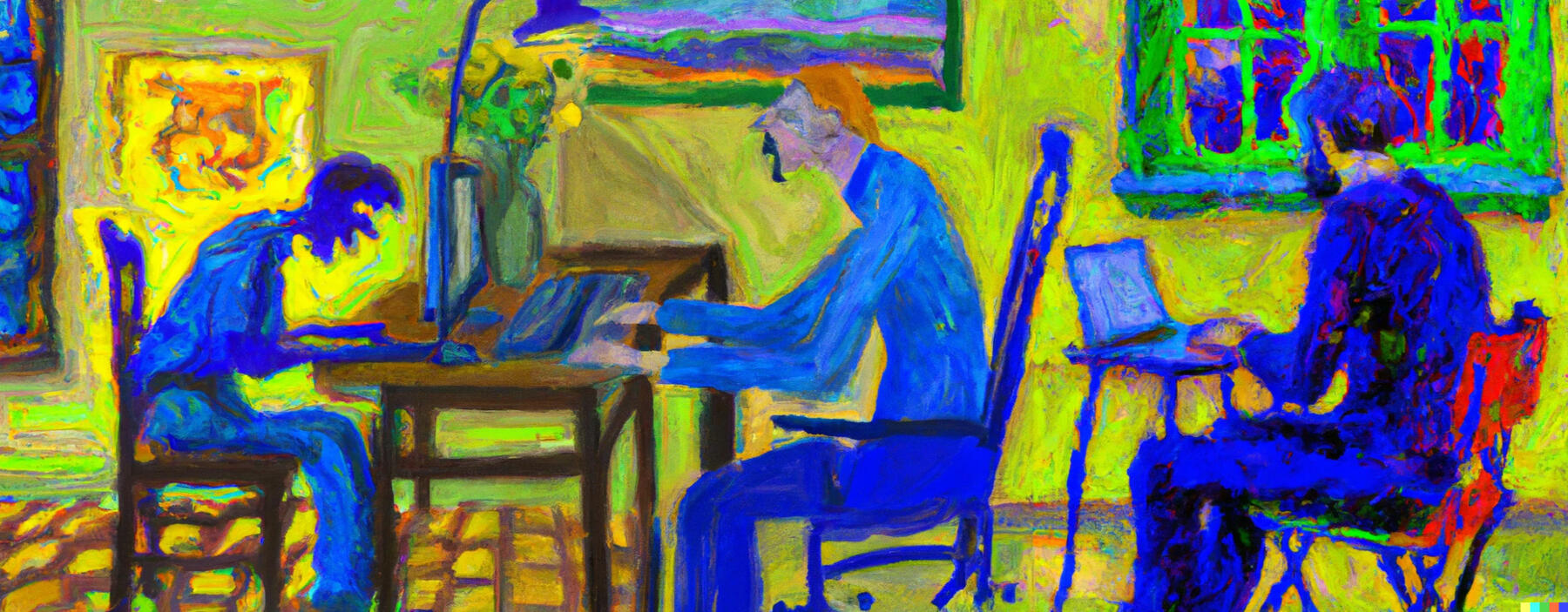 DALL-E 2: A man writing on a computer, in the style of Van Gogh